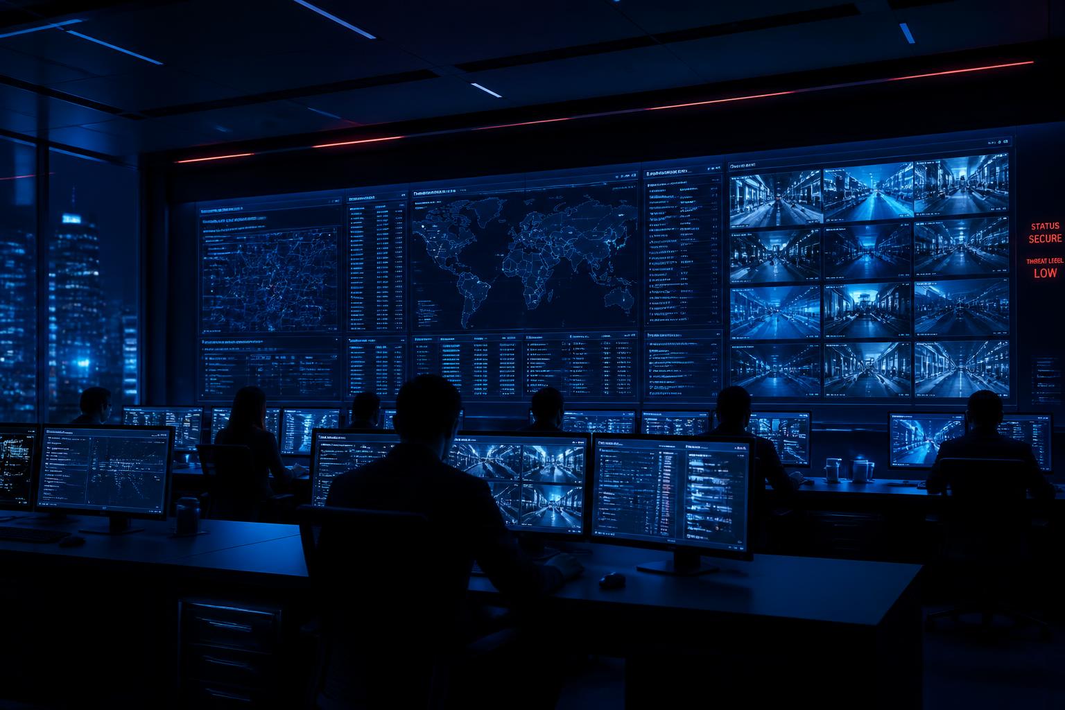 Security operations command center with monitoring screens