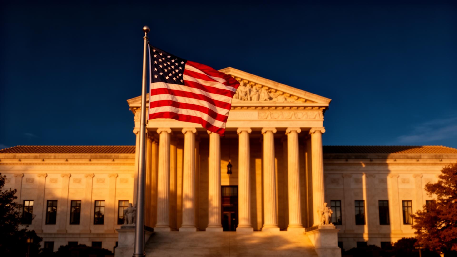 Federal government building with American flag at golden hour