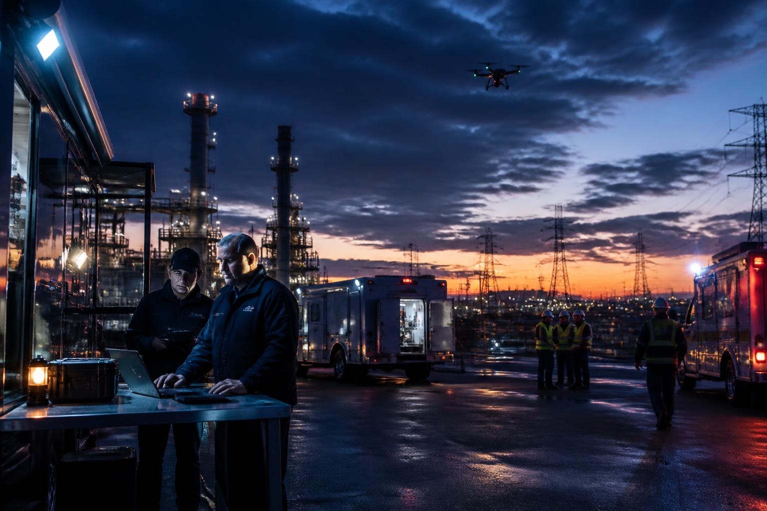 Critical infrastructure and emergency response operations at dusk